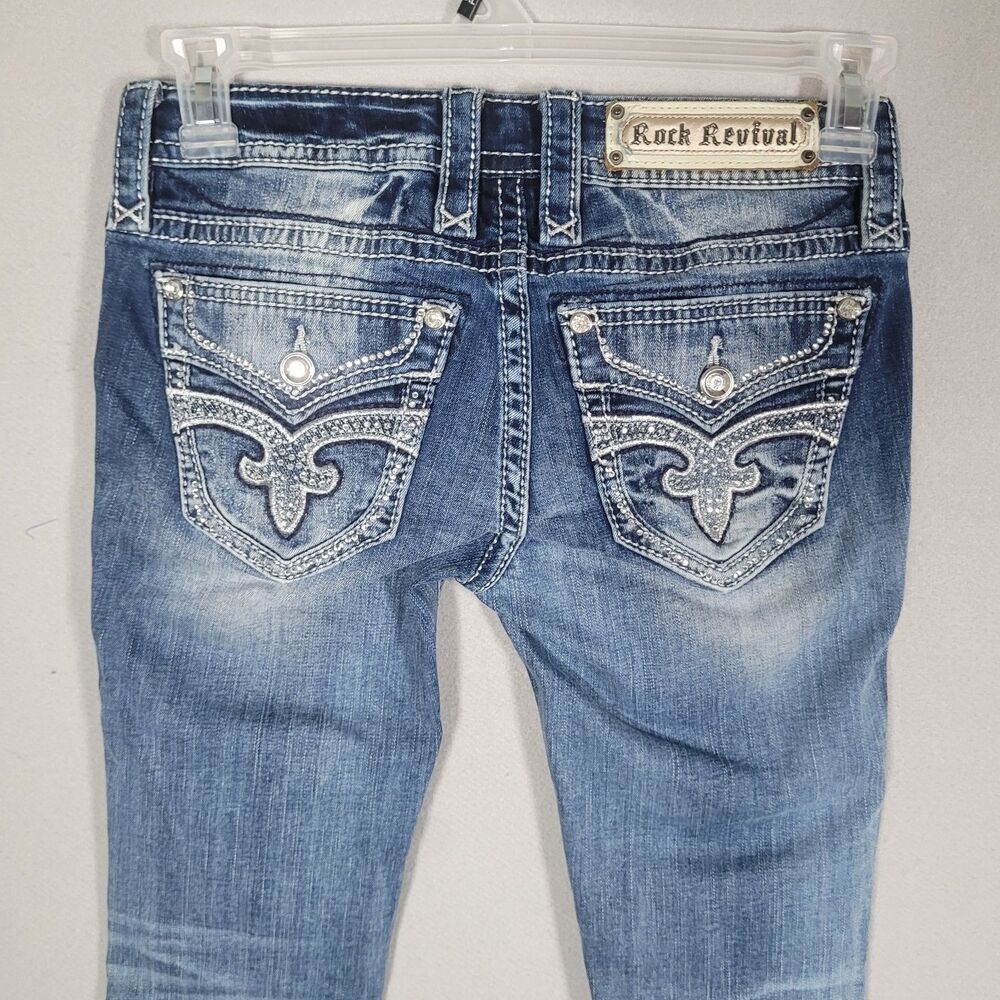 Rock Revival Greer Bootcut Jeans Womens 26 Blue RHINESTONES WHISKERING STITCHED